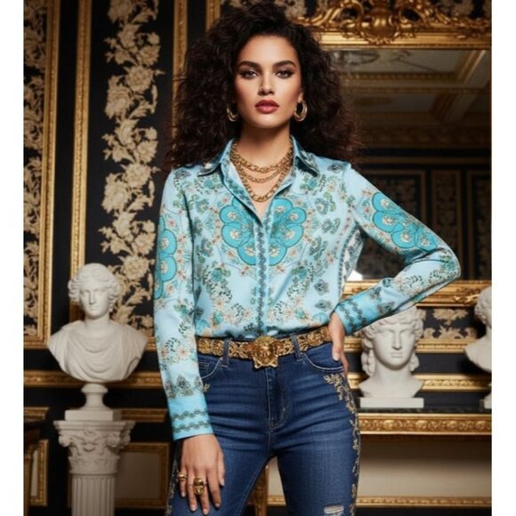 NWT Rachel Zoe Blue Floral Button Front Long Sleeve Blouse Women's Size Medium - Picture 12 of 12